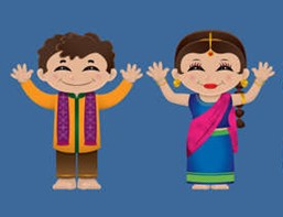 Cartoon image of two figures dressed in Indian style clothing with arms raised in the air