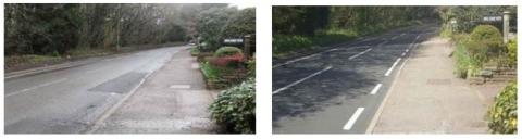 A before and after example of resurfacing treatment of a tarmac road in Barnet.
