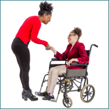 Woman in a wheelchair greeting a physiotherapist