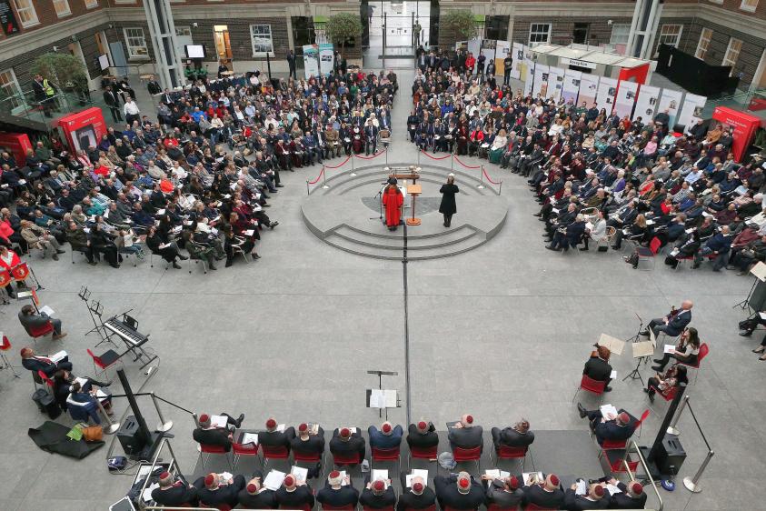 Hundreds gather to mark Holocaust Memorial Day in the Rickett Quadrangle at Middlesex University, Hendon.