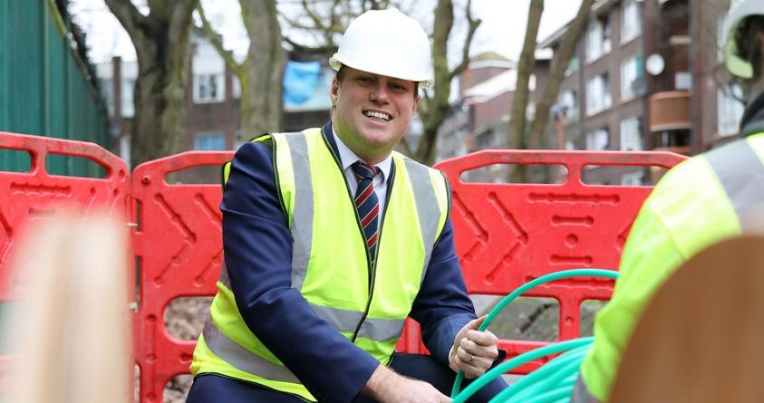 Councillor Dan Thomas, Leader of Barnet Council, during the installation of highspeed broadband at the Grahame Park estate in Colindale