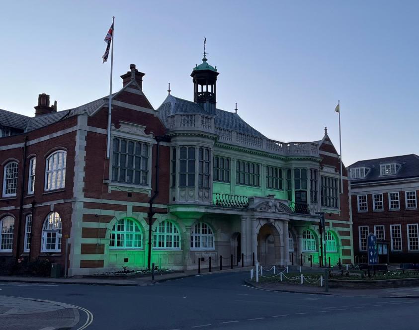 Hendon Town Hall lit up green for Grenfell