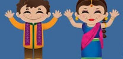 Cartoon image of two figures dressed in Indian style clothing with arms raised in the air